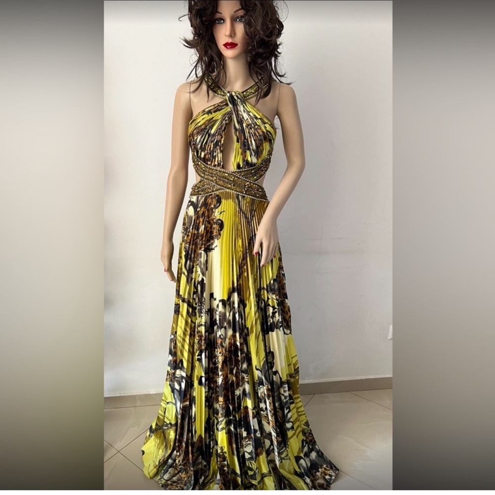 JOVANI Prom Elegant Yellow And Green Floral Halter Dress